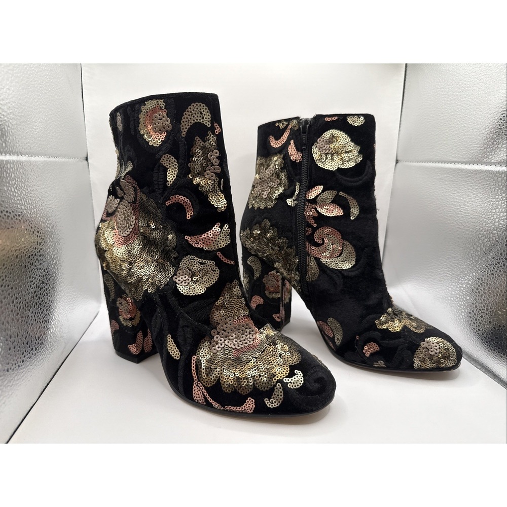 ALDO-Black Velvet Booties/Embroidered/Sequins-Leather‎ Insole-Side Zip-SZ 8.5